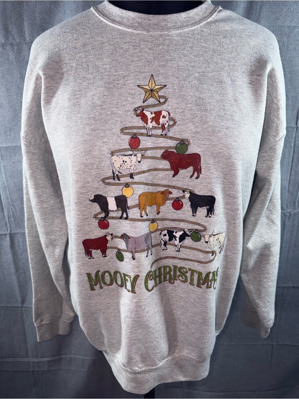 3210-Gildan Gray 'Moody Christmas' Crewneck Sweater w/Festive Cow Tree Graphic